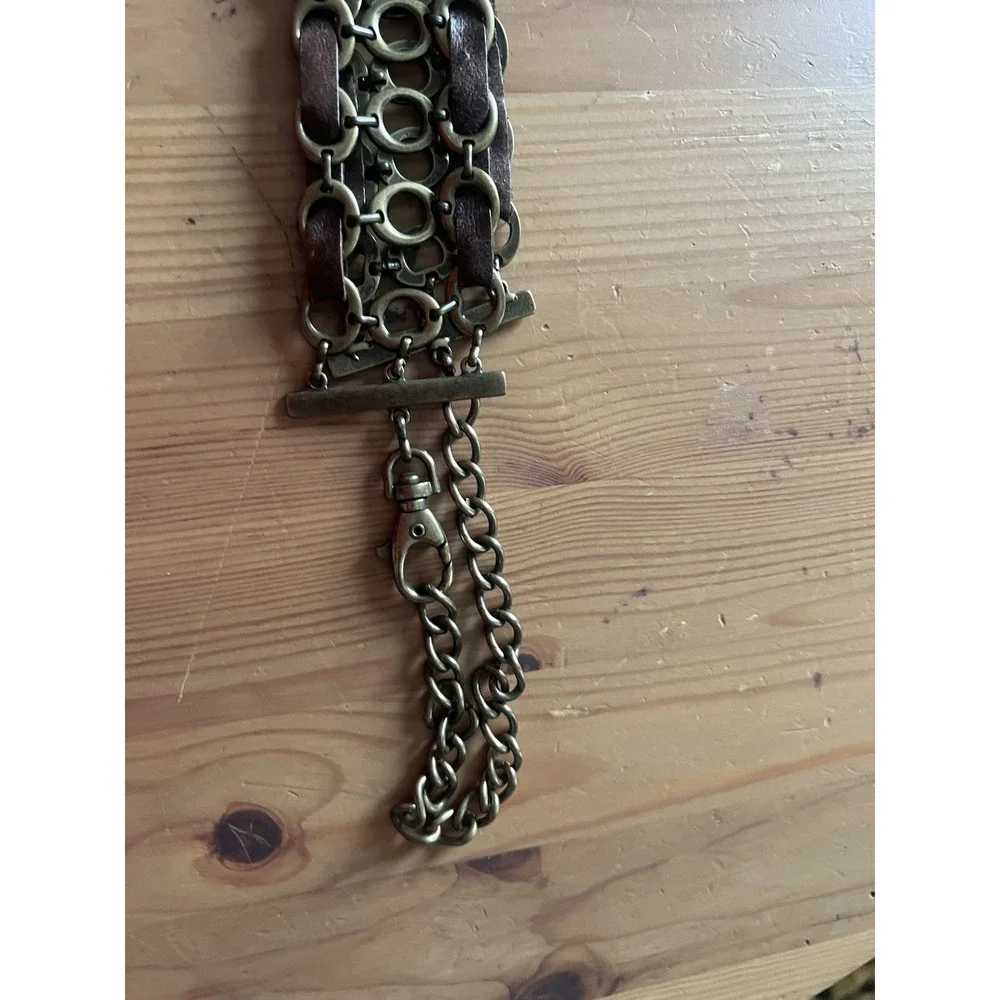 Vintage Brass & Brown Leather Chain Belt Adjustable Boho Hippie Festival 38